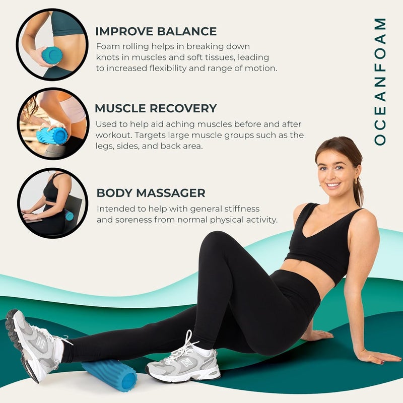 Oceanfoam Ripple Travel Foam Roller (11" x 3.35") Firm Mini Foam Roller for Physical Therapy, Deep Tissue Massage, Back Pain, High Density, Ergonomic Wave Textured, Yoga, Pilate, Exercise (Miami Blue) - Image 5